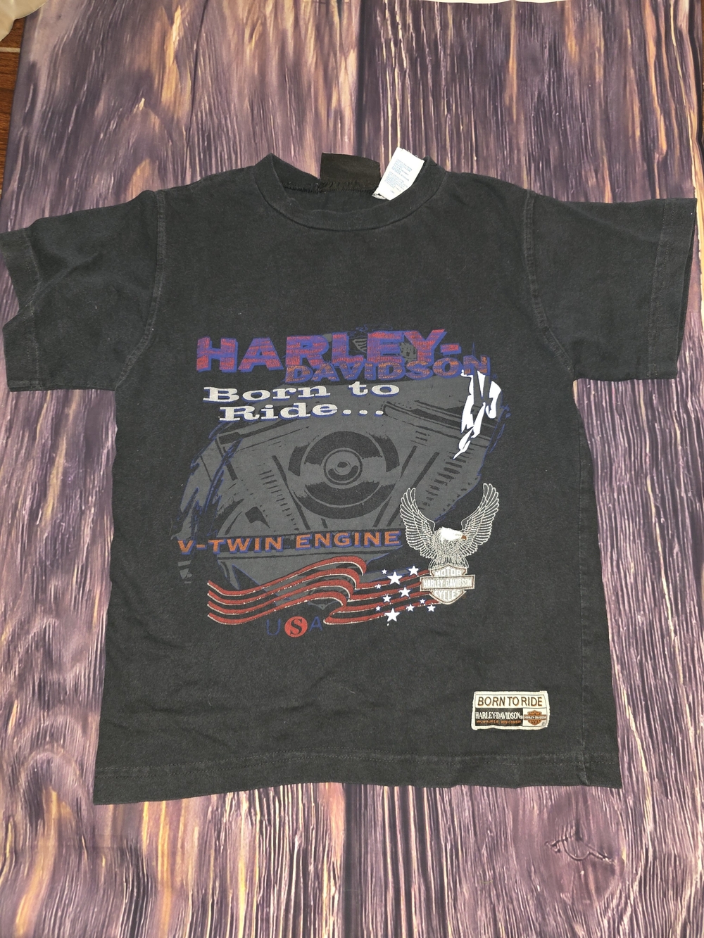 VINTAGE Harley-Davidson Black Kids V-Twin Engine Graphic Tee with Flag Accent